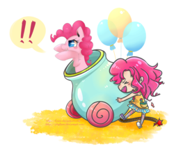 Size: 900x780 | Tagged: safe, artist:phyllismi, pinkie pie, earth pony, human, pony, g4, balloon, clothes, female, human ponidox, humanized, mare, party cannon, pony cannonball, skirt