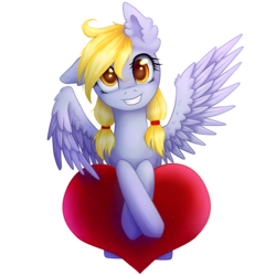 Size: 1900x1900 | Tagged: safe, artist:0okami-0ni, derpy hooves, pegasus, pony, g4, alternate hairstyle, background pony, cute, derpabetes, female, heart, hearts and hooves day, looking at you, mare, pigtails, solo, valentine's day