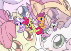 Size: 2338x1700 | Tagged: safe, artist:tasoganedude, apple bloom, diamond tiara, scootaloo, sweetie belle, g4, :p, blushing, cutie mark crusaders, open mouth, tongue out, zoom layer