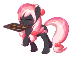 Size: 800x614 | Tagged: safe, artist:puetsua, oc, oc only, oc:strawberry devilcake, bat pony, pony, baking sheet, commission, cookie, food, simple background, solo, transparent background