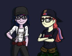 Size: 900x700 | Tagged: safe, artist:kul, moondancer, sci-twi, twilight sparkle, equestria girls, g4, alternate clothes, alternate hairstyle, breasts, camouflage, cap, clothes, columbine, crossing the line on a whole new level, crossing the line twice, derp, dylan klebold, equestria girls-ified, eric harris, fingerless gloves, frown, glare, glasses, gloves, hat, human twilight snapple, looking at you, op is a duck, purple background, simple background, smirk, suspenders, the implications are horrible, this will end in school shooting, this will end in tears and/or death, twilight snapple, we are going to hell, wide eyes