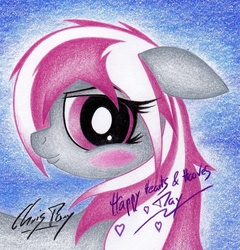 Size: 875x913 | Tagged: safe, artist:thechrispony, oc, oc only, oc:hired gun, earth pony, fallout equestria, fallout equestria: heroes, blushing, bust, colored pencil drawing, earth pony oc, female, floating heart, floppy ears, heart, hearts and hooves day, looking at you, mare, portrait, profile, solo, traditional art