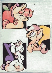 Size: 1983x2807 | Tagged: safe, artist:cutepencilcase, apple bloom, scootaloo, sweetie belle, g4, cutie mark crusaders, open mouth, traditional art