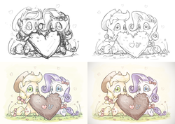 Size: 2160x1528 | Tagged: safe, artist:assasinmonkey, applejack, rarity, g4, bow, bowtie, chibi, cute, female, hair bow, heart, hearts and hooves day, lesbian, ship:rarijack, shipping, tail bow, valentine's day, wip