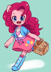 Size: 870x1206 | Tagged: safe, artist:shusu, pinkie pie, equestria girls, g4, basket, clothes, cute, diapinkes, doll, equestria girls minis, female, pixiv, skirt, solo, toy