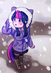Size: 753x1068 | Tagged: safe, artist:shusu, twilight sparkle, equestria girls, g4, boots, clothes, coat, doll, eared humanization, equestria girls minis, female, hood, horn, horned humanization, kneesocks, looking up, pixiv, skirt, snow, snowfall, socks, solo, tailed humanization, thigh highs, thigh socks, toy, zettai ryouiki