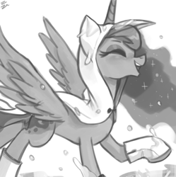 Size: 499x501 | Tagged: safe, artist:ehfa, princess luna, alicorn, pony, g4, eyes closed, female, grayscale, laughing, mare, monochrome, raincoat, simple background, solo, white background