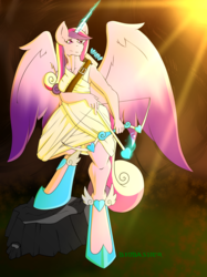 Size: 1024x1367 | Tagged: safe, artist:biobasher, princess cadance, anthro, g4, arrow, bow (weapon), bow and arrow, female, magic, solo, spread wings