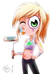 Size: 1024x1515 | Tagged: safe, artist:fj-c, applejack, equestria girls, g4, belly button, clothes, female, hatless, midriff, missing accessory, paint roller, ponytail, simple background, solo, sports bra, tank top, tongue out, wink