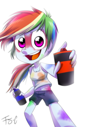 Size: 1024x1515 | Tagged: safe, artist:fj-c, rainbow dash, equestria girls, g4, :d, belly button, clothes, female, midriff, paint, shorts, simple background, solo, spray can, tank top