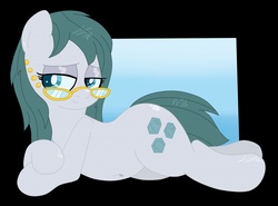 Size: 1280x948 | Tagged: safe, artist:an-tonio, artist:krazykari, cloudy quartz, earth pony, pony, g4, bedroom eyes, belly button, black background, gradient background, looking away, loose hair, prone, simple background, solo, stupid sexy cloudy quartz