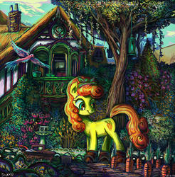 Size: 2439x2480 | Tagged: safe, artist:jowyb, carrot top, golden harvest, bird, g4, carrot, cottagecore, female, food, garden, high res, scenery, solo