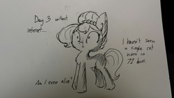 Size: 1280x720 | Tagged: safe, artist:tjpones, oc, oc only, oc:brownie bun, earth pony, pony, horse wife, black and white, blank stare, dialogue, ear fluff, existential crisis, female, grayscale, mare, monochrome, solo, stare, thousand yard stare, traditional art, wide eyes, withdrawal
