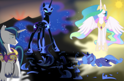 Size: 1920x1257 | Tagged: safe, artist:eagle1division, nightmare moon, princess celestia, princess luna, shining armor, alicorn, pony, unicorn, g4, cover art, fanfic art, lying down, prone, shadow, sunset, unconscious