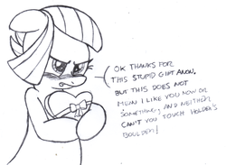 Size: 2638x1930 | Tagged: safe, artist:an-tonio, limestone pie, g4, blushing, dialogue, female, implied anon, limetsun pie, monochrome, sketch, solo, traditional art, tsundere