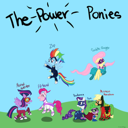 Size: 2000x2000 | Tagged: safe, artist:catz537, applejack, fili-second, fluttershy, mistress marevelous, pinkie pie, radiance, rainbow dash, rarity, saddle rager, spike, twilight sparkle, zapp, alicorn, pony, g4, power ponies (episode), female, high res, humdrum costume, mane seven, mane six, mare, masked matter-horn costume, power ponies, twilight sparkle (alicorn)