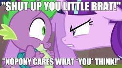 Size: 888x499 | Tagged: safe, spike, starlight glimmer, g4, the cutie re-mark, image macro, meme, spikeabuse, starlight glimmer ftw, starlight is being honest