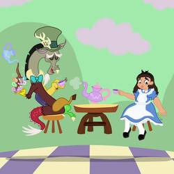 Size: 1280x1280 | Tagged: safe, artist:vcm1824, discord, human, g4, alice, alice in wonderland, crossover, food, hat, mad hatter, tea, teacup, teapot