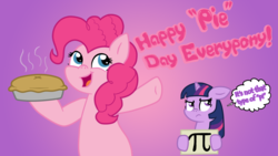 Size: 1280x720 | Tagged: safe, artist:vcm1824, pinkie pie, twilight sparkle, g4, food, pi, pi day, pie, pun, twilight sparkle is not amused, unamused