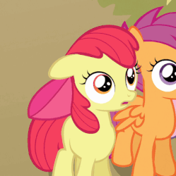 Size: 400x401 | Tagged: safe, screencap, apple bloom, scootaloo, sweetie belle, earth pony, pegasus, pony, g4, one bad apple, adorabloom, animated, apple bloom's bow, blank flank, bow, cute, expressive bow, female, filly, foal, gif, hair bow, open mouth, raised hoof, talking
