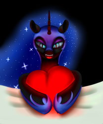 Size: 5000x6000 | Tagged: safe, artist:skitsroom, nightmare moon, g4, :d, absurd resolution, cute, female, glowing, heart, hug, leaning, lidded eyes, looking at you, moonabetes, open mouth, smiling, solo, valentine