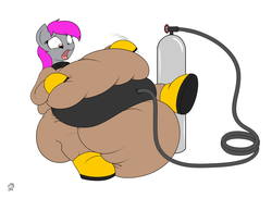 Size: 5500x4000 | Tagged: safe, artist:badgerben, oc, oc only, oc:crash dive, pony, absurd resolution, air tank, boots, diving suit, flailing, hose, inflation, panic, reaching, sexy, signature, silly, silly pony, simple background, sitting, solo