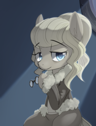 Size: 613x800 | Tagged: safe, artist:aymint, oc, oc only, oc:rem, northern excursion, clothes, coat, crepuscular rays, glasses, hoof hold, jacket, looking at you, ponytail, sitting, solo