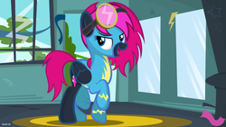 Size: 1024x576 | Tagged: safe, artist:noah-x3, oc, oc only, oc:neon flare, pegasus, pony, folded wings, goggles, sassy, show accurate, solo, teenager, wonderbolts, wonderbolts uniform