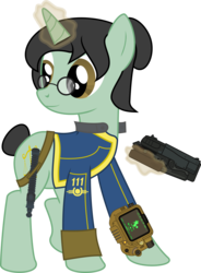 Size: 3000x4074 | Tagged: safe, artist:ruinedomega, oc, oc only, oc:suo motu, pony, unicorn, 10mm pistol, belt, clothes, fallout, fallout 4, female, glasses, jumpsuit, pipbuck, security baton, solo, standing, vault suit, weapon