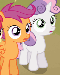 Size: 324x401 | Tagged: safe, screencap, apple bloom, scootaloo, sweetie belle, earth pony, pegasus, pony, unicorn, g4, one bad apple, animated, blinking, cute, female, filly, floppy ears, foal, gif, open mouth, raised hoof, scootaloo is not amused, talking, unamused