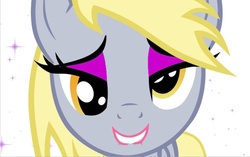 Size: 947x596 | Tagged: safe, edit, derpy hooves, pegasus, pony, g4, eyeshadow, female, lip bite, lipstick, love face, makeup, mare, sexy face, solo, tack