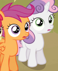 Size: 324x401 | Tagged: safe, edit, edited screencap, screencap, apple bloom, scootaloo, sweetie belle, g4, one bad apple, animated, are you kidding me, caption, female, gif, meme, reaction image, text