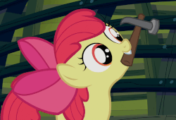 Size: 635x432 | Tagged: safe, screencap, apple bloom, pony, g4, one bad apple, animated, female, hammer, mouth hold