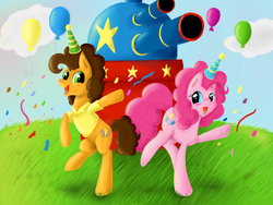 Size: 1600x1200 | Tagged: safe, artist:pumpkinkikile, cheese sandwich, pinkie pie, g4, balloon, cheese supreme cannonball surprise, hat, party hat, party panzer