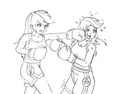 Size: 3264x2448 | Tagged: safe, artist:linedraweer, applejack, rainbow dash, human, g4, boxing, boxing gloves, clothes, high res, humanized, monochrome
