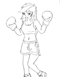 Size: 2516x3205 | Tagged: safe, artist:linedraweer, rainbow dash, human, g4, belly button, boxing, boxing gloves, clothes, female, high res, humanized, midriff, monochrome, solo, sports bra
