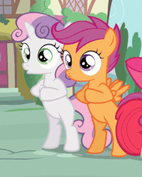 Size: 340x422 | Tagged: safe, screencap, apple bloom, scootaloo, sweetie belle, pegasus, pony, unicorn, g4, one bad apple, animated, bipedal, cropped, cutie mark crusaders, female, filly, foal, gif, horn