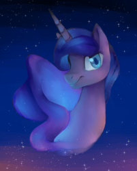 Size: 939x1167 | Tagged: safe, artist:glacierclear, princess luna, alicorn, pony, g4, bust, colored pupils, female, lineless, looking at you, mare, night, painting, portrait, sky, solo, stars