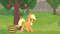 Size: 480x270 | Tagged: safe, artist:brutalweather studio, applejack, winona, dog, pony, g4, abuse, animated, apple, apple tree, bucking, circling stars, dizzy, female, food, jackabuse, show accurate, silly, silly pony, stick, tree, who's a silly pony, youtube link