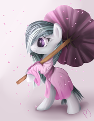 Size: 1700x2200 | Tagged: safe, artist:unicorn2000, marble pie, earth pony, pony, g4, bipedal, clothes, cute, female, flower petals, kimono (clothing), marblebetes, mare, smiling, solo, umbrella