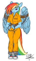 Size: 1000x1699 | Tagged: safe, artist:baikobits, rainbow dash, anthro, g4, b-f16, bound wings, chains, clothes, converse, cuffs, female, jumpsuit, prison outfit, prisoner, prisoner rd, sad, shackles, shirt, shoes, sneakers, solo, undershirt