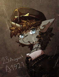 Size: 745x968 | Tagged: safe, artist:koviry, oc, oc only, oc:cassie flyleaf, pony, unicorn, broken horn, cigarette, hat, horn, necktie, peaked cap, portrait, scar, smoke, smoking, solo, tattoo