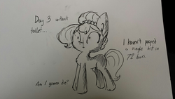 Size: 1280x720 | Tagged: safe, artist:tjpones edits, edit, oc, oc only, oc:brownie bun, black and white, constipated, grayscale, monochrome, parody, solo, toilet humor, traditional art