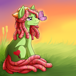 Size: 900x900 | Tagged: safe, artist:nothingspecialx9, tree hugger, butterfly, earth pony, pony, g4, cute, female, huggerbetes, mare, sitting, solo