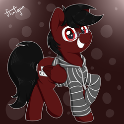 Size: 1280x1280 | Tagged: dead source, safe, artist:flufgun, oc, oc only, oc:somehulabaloo, pegasus, pony, clothes, glasses, hoodie, signature, smiling, solo