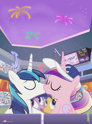 Size: 1020x1380 | Tagged: safe, artist:dm29, flash sentry, princess cadance, shining armor, twilight sparkle, alicorn, pony, unicorn, g4, baseball cap, eyes closed, female, fireworks, hat, hearts and hooves day, kiss cam, kiss on the lips, kissing, male, mare, ship:shiningcadance, shipping, stadium, straight, twilight sparkle (alicorn)