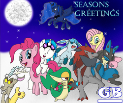 Size: 1684x1413 | Tagged: safe, artist:gigabowser, discord, dj pon-3, fluttershy, pinkie pie, princess luna, vinyl scratch, draconequus, glaceon, lucario, pony, snivy, zoroark, g4, artifact, christmas, female, group shot, holiday, male, mare, multiple characters, pokémon, snow, winter
