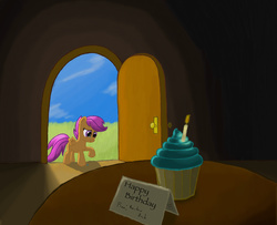 Size: 1467x1194 | Tagged: safe, artist:grennadder, rainbow dash, scootaloo, pegasus, pony, g4, birthday, candle, crying, cupcake, door, female, filly, foal, food, love, scootalove, solo