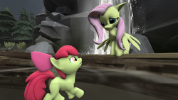 Size: 7680x4320 | Tagged: safe, artist:keksiarts, apple bloom, fluttershy, g4, 3d, absurd resolution, cute, source filmmaker, water, waterfall