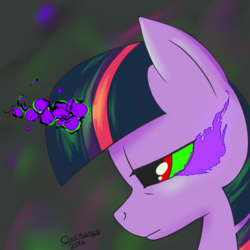 Size: 800x800 | Tagged: safe, artist:overkenzie, twilight sparkle, g4, dark magic, female, magic, sad, solo, sombra eyes